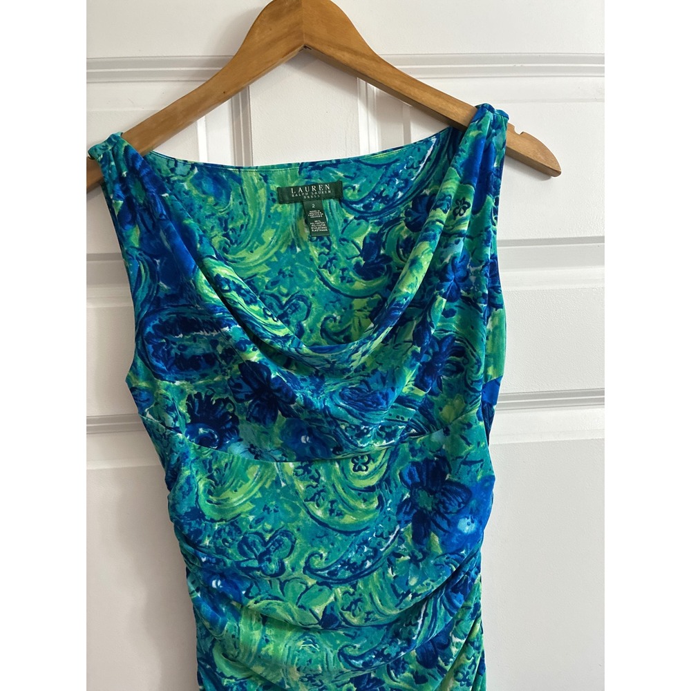 Lauren Ralph Lauren Blue Green Paisley Dress Floral Ruched Cowl Neck  Dress 2